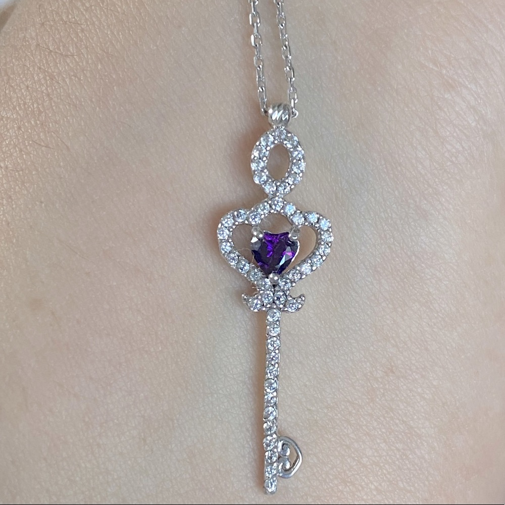 💜925 Silver key cubic zirconia necklace purple stone heart